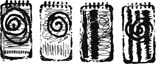 Four black and white abstract spiral brushstroke doodles on torn notebook paper sheets
