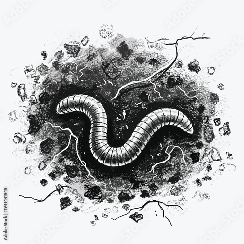 Detailed illustration of a segmented earthworm burrowing through dark soil and roots