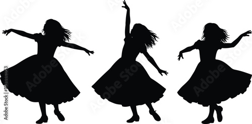 Girl dancing silhouette set with flowing dress and expressive poses isolated on white background, elegant female dancer collection for performance and art design