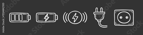 Hand-drawn doodle icons of battery charging, power plug, and socket on a dark background. Vector set for energy and technology concepts.