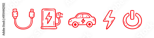 Hand-drawn red icons for electric vehicle charging and energy, featuring a car, station, cable, and power symbols on a white background.