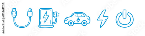 Blue hand-drawn icons of electric vehicle symbols: EV car, charging station, lightning bolt, USB cable, and power button on white background.