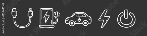 Set of hand-drawn electric vehicle and power icons on a dark background, including EV car, charging station, cable, and lightning bolt doodles.