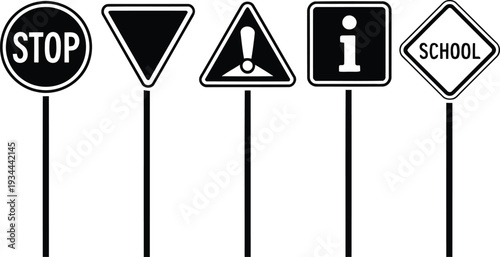 Four common road signs displayed in a row for traffic awareness and safety education. Vector