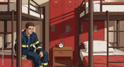 Young firefighter sitting alone in dormitory bunk room.