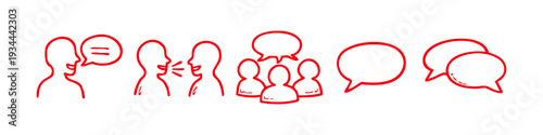 Red hand-drawn icons of speech bubbles and people profiles representing communication, dialogue, and social interaction on a white background.