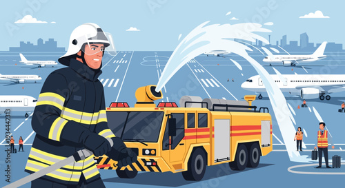 Airport Firefighter in Action with Fire Truck.