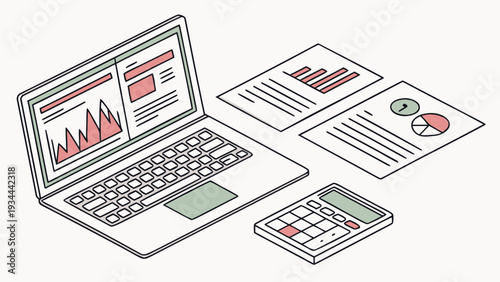 Laptop with business graphs and charts in minimalist line art style with simple color scheme on white background for financial analysis