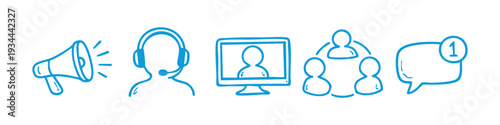 Blue hand-drawn communication icons featuring a megaphone, support agent, video call, group network, and chat notification for business marketing.