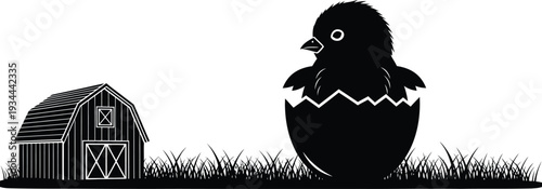 Black and white illustration of a chick hatching from an egg next to a barn