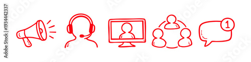 Set of red hand-drawn communication icons including megaphone, support agent, video call, team, and message notification on white background.