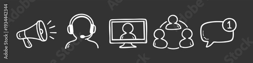 Hand-drawn white communication and marketing icons set on dark background featuring megaphone, support headset, video call, team, and chat notification.