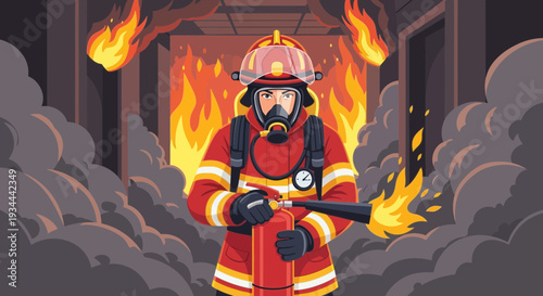 Brave firefighter in protective gear holding extinguisher ready.