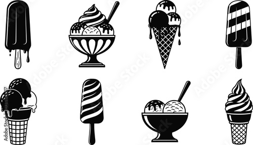 Ice cream and popsicle silhouette icon set featuring cones, sundaes and frozen desserts isolated on white background for summer cafe menu design