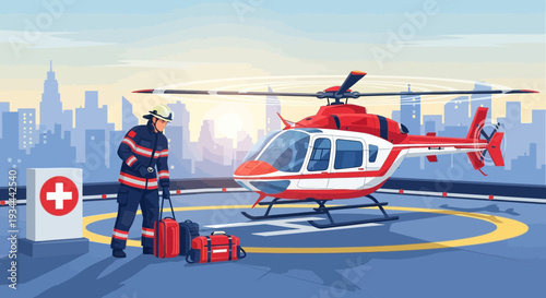 Emergency Medical Helicopter and Paramedic on Helipad.