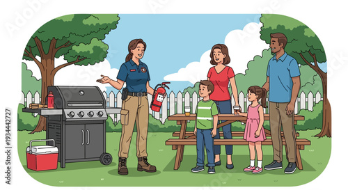 Fire safety demonstration for a family outdoors.