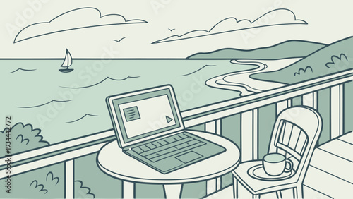 Laptop on balcony overlooking serene ocean with sailboat in soft monochromatic illustration for remote work