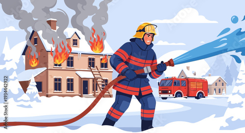 Firefighter bravely battling a house fire in winter conditions.