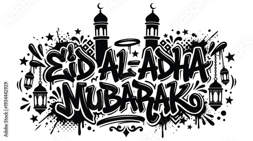 Eid al adha mubarak graffiti art lettering black and white design