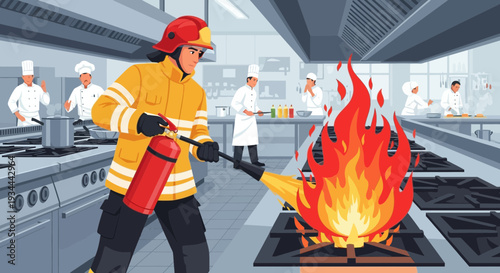 Firefighter bravely extinguishes kitchen fire with extinguisher.