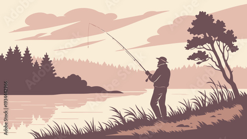 Man fishing on serene lake shore with warm pastel colors in vector illustration for outdoor recreation
