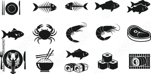 Seafood and sushi icon set featuring fish, crab, shrimp, lobster, steak and rice bowl silhouettes isolated on white background for restaurant menu design