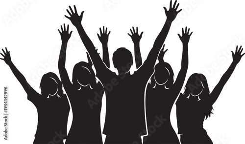 Silhouetted group of people with arms raised in celebration or worship