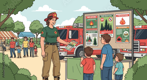 Firefighter educating children about fire safety outdoors.