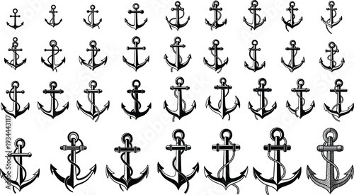 Large collection of vintage nautical anchor icons with rope in black silhouette style for maritime seafaring design and branding