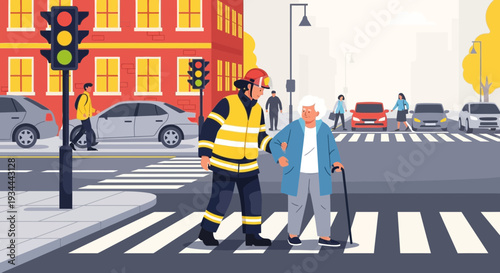 Firefighter helps elderly person cross busy street safely.