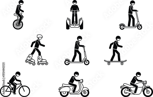 Personal transportation icon set featuring bicycle, scooter, skateboard, rollerblades, segway and motorcycle silhouettes isolated on white background for mobility and urban travel design