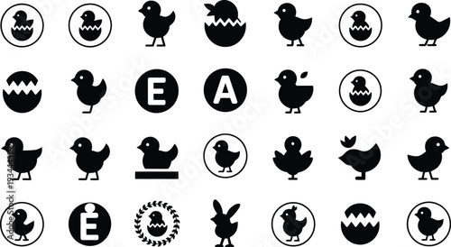 Black silhouettes of chickens and eggs with various designs