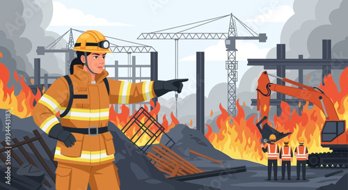 Firefighter in action pointing towards danger.