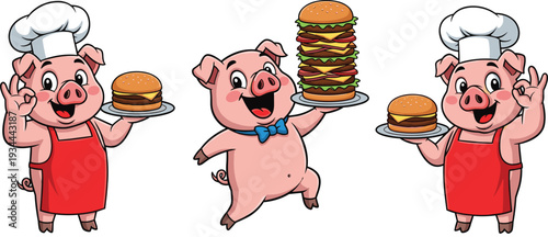 Cartoon Chef Pig Character Set Holding Burger and Fast Food Stack Mascot Illustration