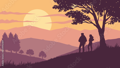 Couple Watching Sunset on Hill in Serene Landscape with Warm Orange Hues in Flat Design for Travel Brochure