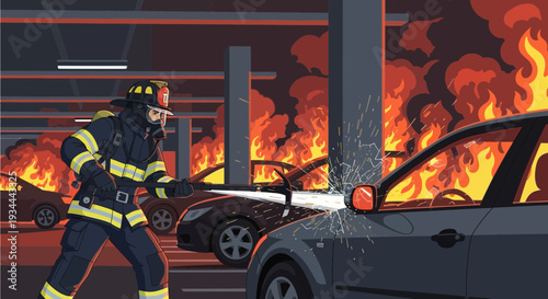 Firefighter in protective gear battling car fire emergency scene.