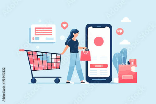 Online Shopping Illustration – Woman with Cart, Smartphone & Bags for E-Commerce, App & Digital Retail Design