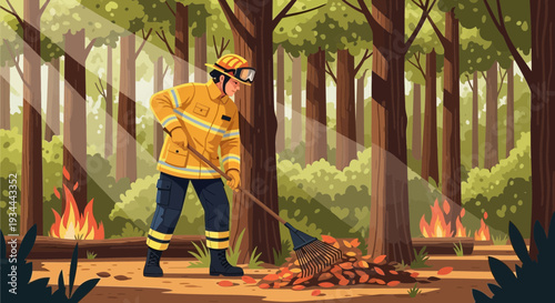 Firefighter in protective gear battling forest fire.