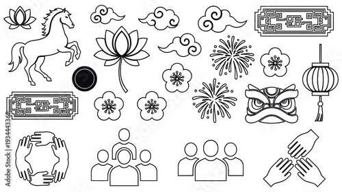 Chinese new year decorative elements horse lotus clouds fireworks