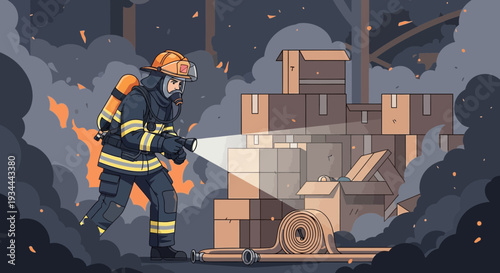 Firefighter in protective gear holding a flashlight.