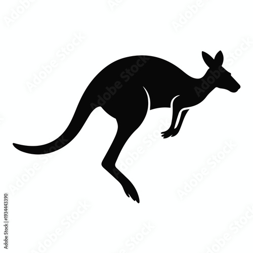 Minimalist black silhouette of a jumping kangaroo.