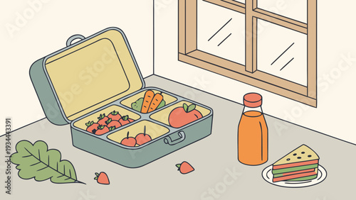 Lunchbox with fresh fruit and sandwich in soft morning light on wooden table near the window for healthy eating