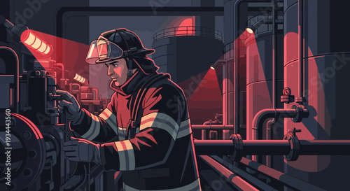 Firefighter in protective gear working in industrial setting.