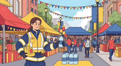 Firefighter in safety vest holding helmet at outdoor event.