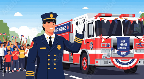 Firefighter leads community parade with pride.