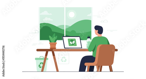 Green Digital Workplace: Man with Laptop, Potted Plant, Recycling Bin, and Nature View