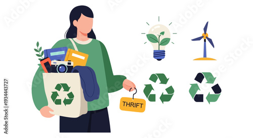 Sustainable Thrifting & Recycling Concept: Eco-Friendly Lifestyle with Green Energy Symbols