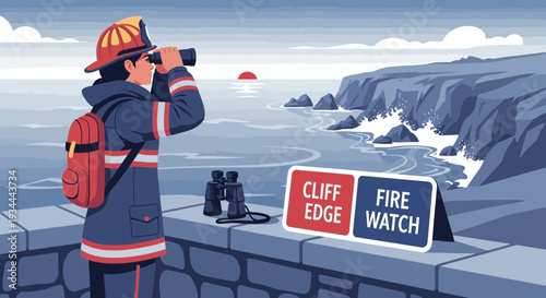 Firefighter on cliff edge watching the sea with binoculars.