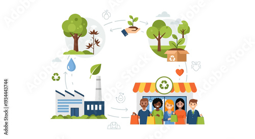 Sustainable Circular Economy Illustration: Eco-Friendly Production, Conscious Consumption, & Green Business Cycle