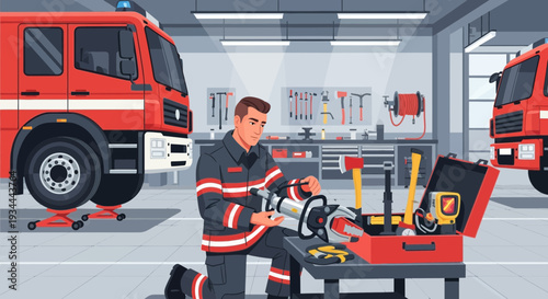 Firefighter meticulously inspecting rescue equipment in a fire station bay.